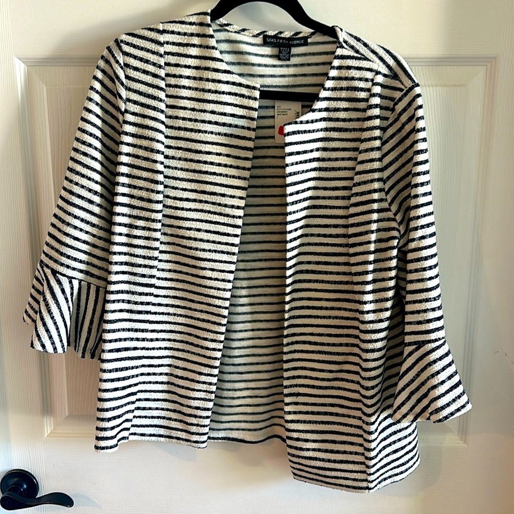 NWT Saks Fifth Avenue Navy Blue & White 3/4 Sleeve Jacket / Blazer Size Large